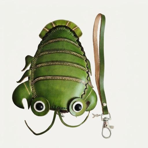 Mini bolso-cartera Langosta artesanal de piel verde con mosquetón metálico y charm lazo acero inoxidable