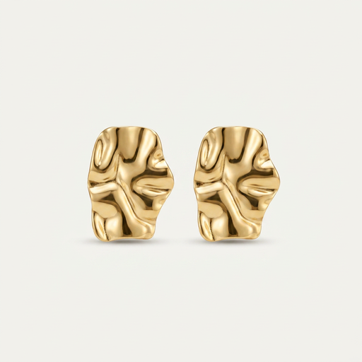 Par de pendientes vintage tipo botón en acero inoxidable dorado, con textura orgánica ondulada y acabado brillante. Aproximadamente 2,5 cm