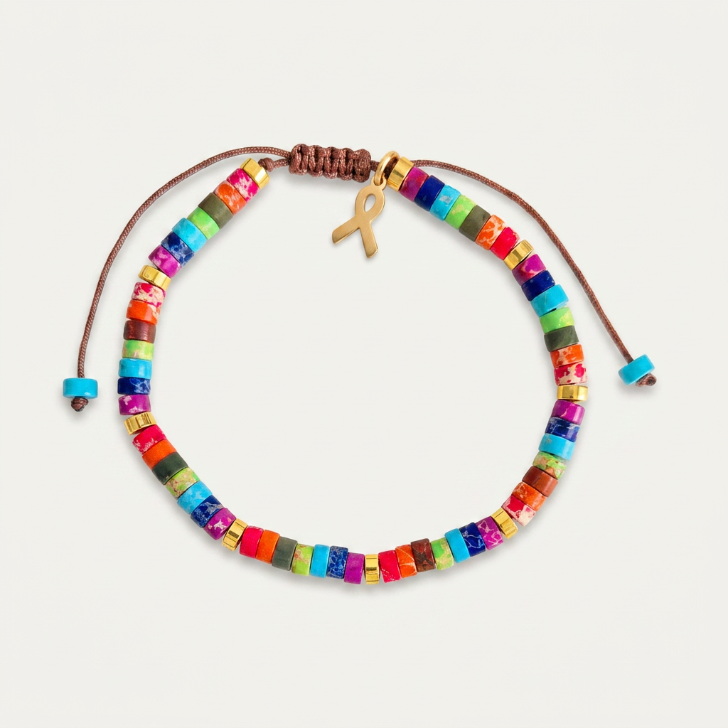 Pulsera Formentera de piedra natural multicolor azul verde naranja rojo lila con acero inoxidable dorado cordón de macramé marrón y dije lazo solidario dorado, hecha a mano