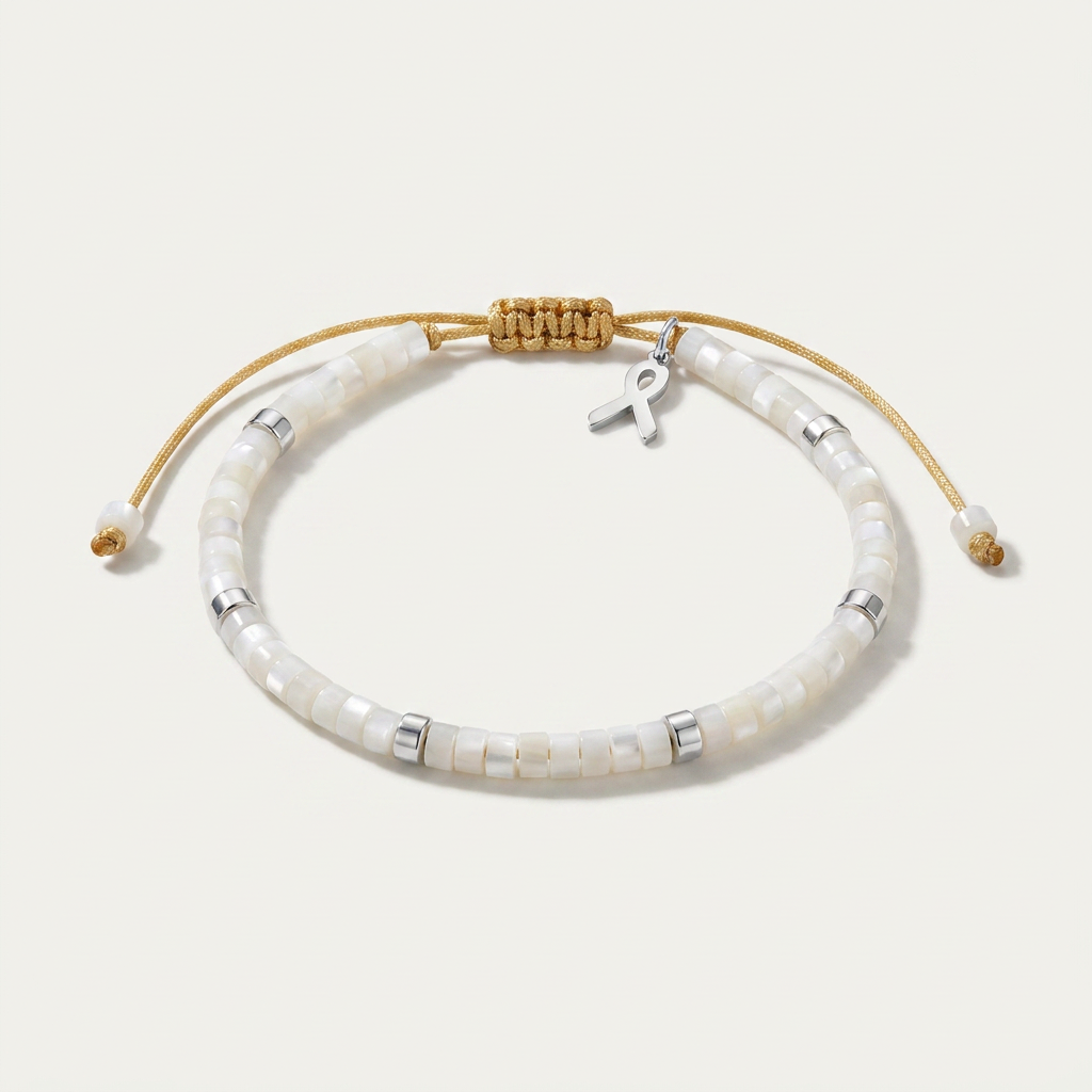 Pulsera Ibiza de nácar blanco y acero inoxidable plateado con lazo solidario, ajustable