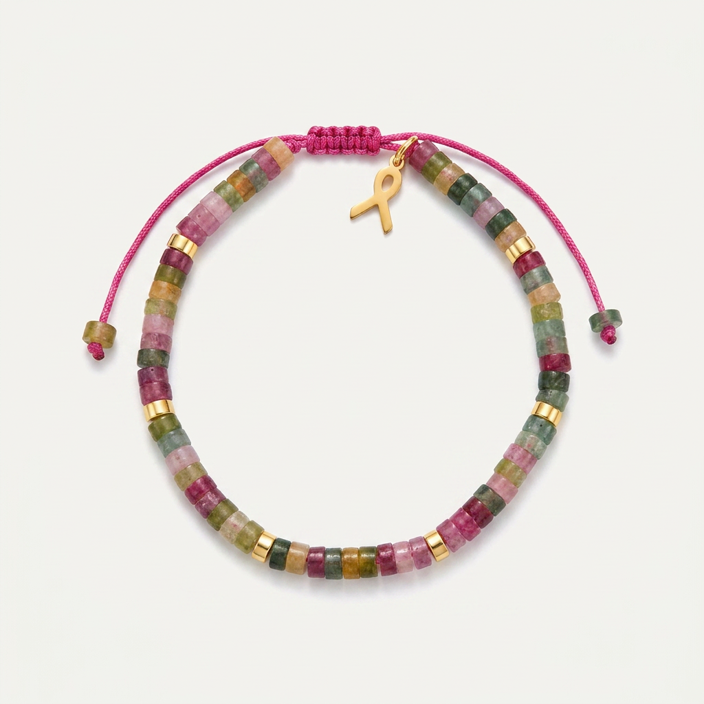 Pulsera Mallorca de piedra natural multicolor rosa verde y ocre con acero inoxidable dorado cordón de macramé rosa y dije lazo solidario dorado