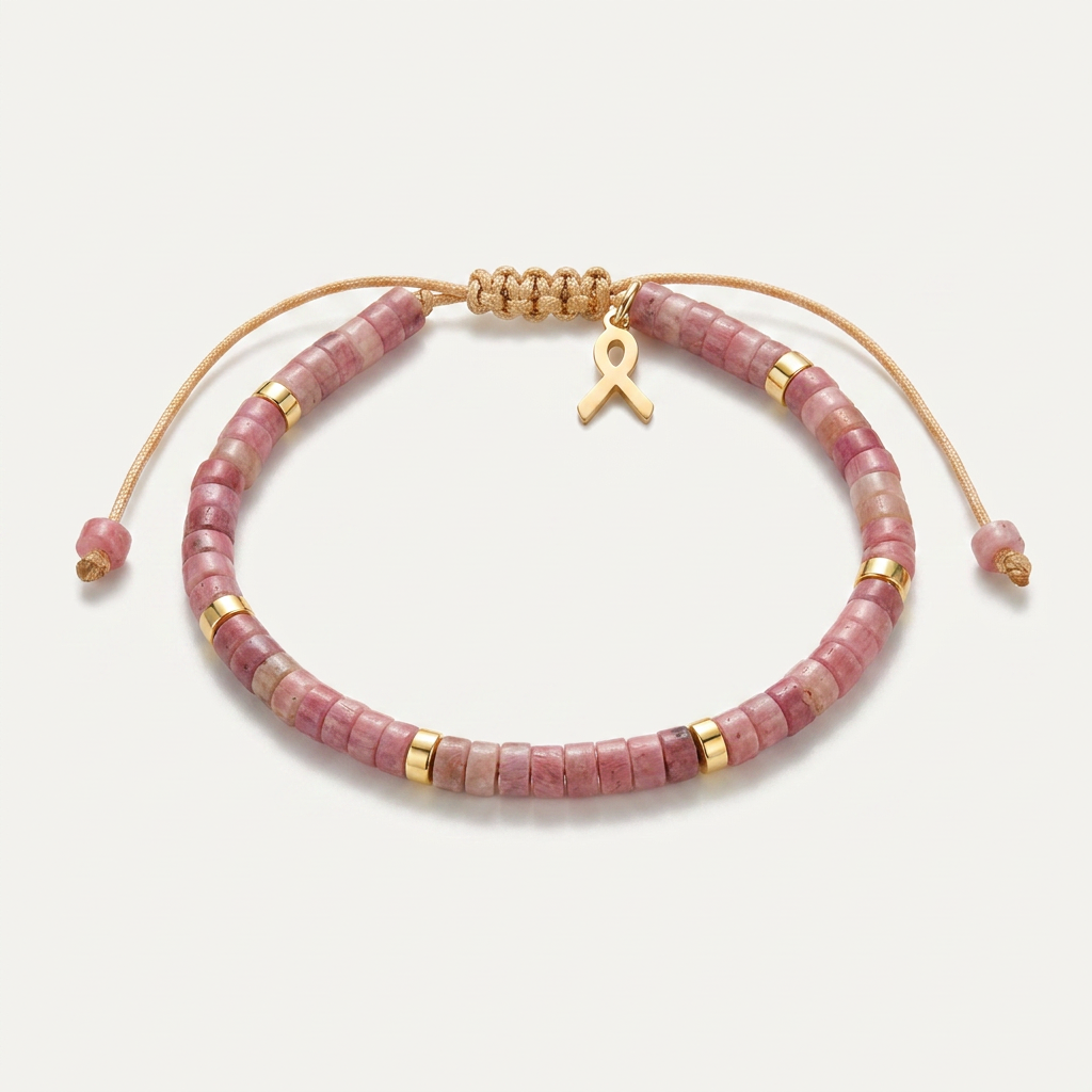 Pulsera Menorca de piedra natural veta de madera rosa con acero inoxidable dorado cordón de macramé beis y dije lazo solidario dorado, hecha a mano