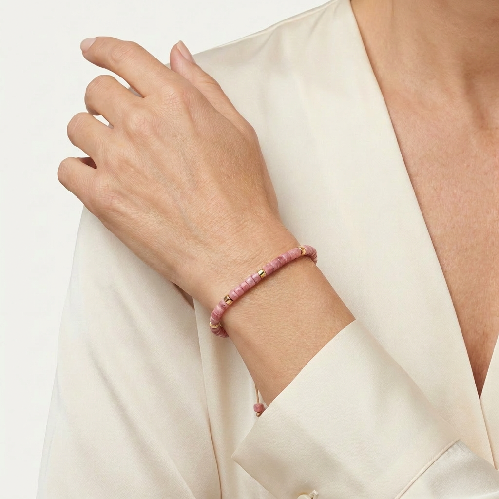 Pulsera Menorca de piedra natural veta de madera rosa con acero inoxidable dorado cordón de macramé beis y dije lazo solidario dorado, hecha a mano