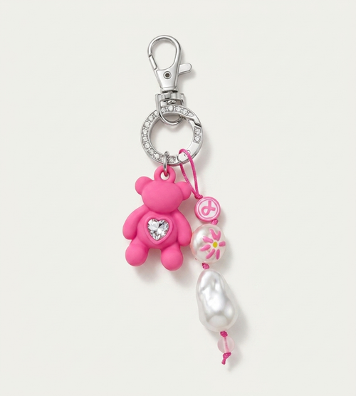 Colgante Osito Rosa con perlas y mosquetón plateado
